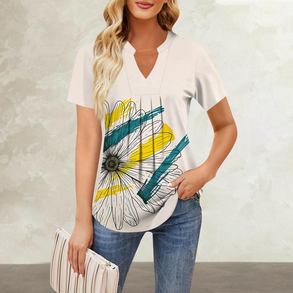 Women's Short Sleeve Casual V-neck Chest Pleated Printed Loose T-shirt Top