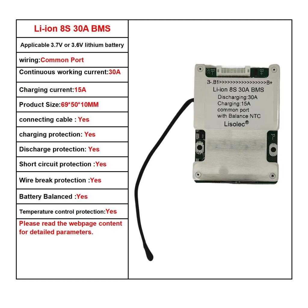 Литий-ионная 8S 29.6V 33.6V Плата защиты BMS 30A Заряд Разряд с Балансировкой Контролем Температуры для 18650 21700 Литиевой Батареи