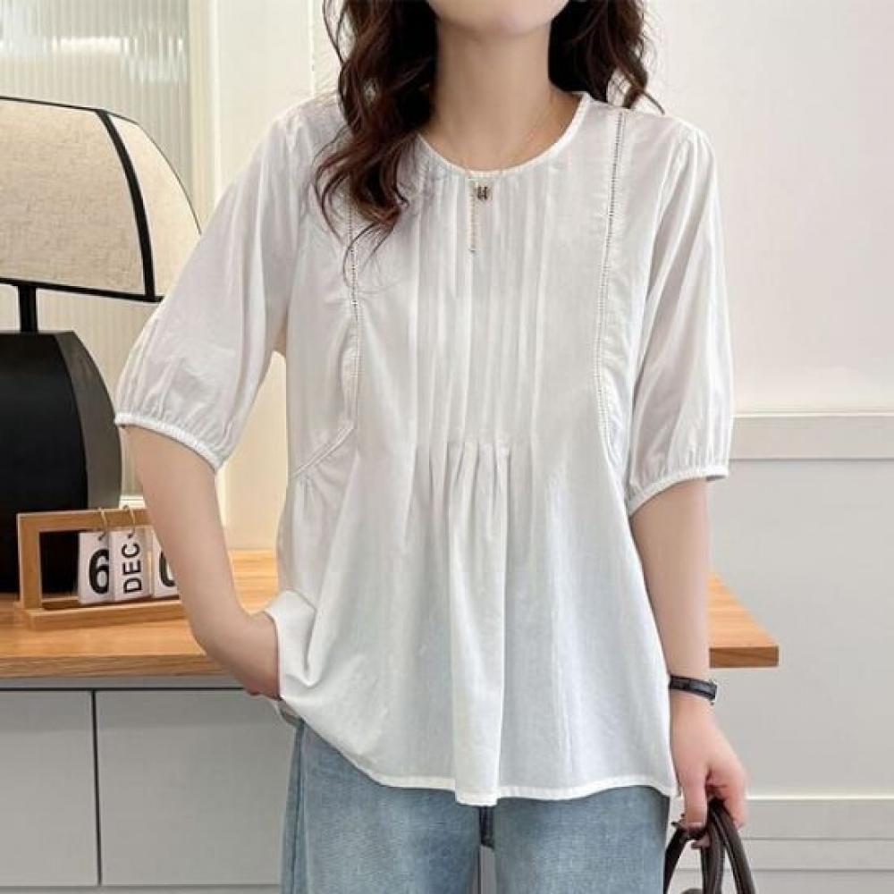 Navava Women Lovely Shirring Round Neck Short Sleeve Blouse Nb2672