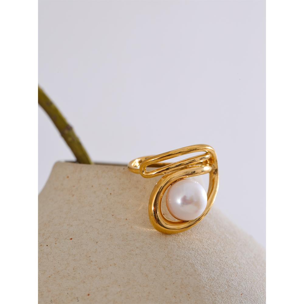 Yhpup 316L Stainless Steel Simulated Pearls Hollow Creative Ring 18K Golden PVD Plated Geometric Daily Popular Jewelry