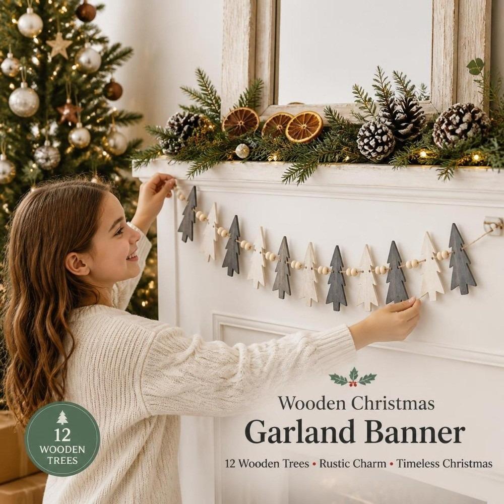 12pcs Wooden Christmas Tree Garland String Flag Xmas Tree Ornament  Fireplace Mantel