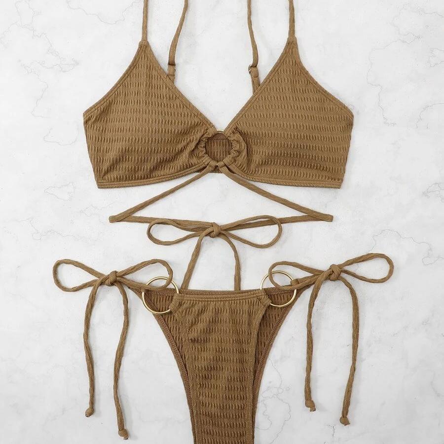 Летний купальник, женский комплект бикини, однотонный купальник на шнуровке