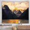 Minimalist Dawn Alpine Scenery Tapestry, Golden Light Snow Mountain Calm Reflective Lake Warm Cloud Wall Decor Blanket