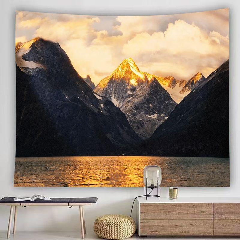 Minimalist Dawn Alpine Scenery Tapestry, Golden Light Snow Mountain Calm Reflective Lake Warm Cloud Wall Decor Blanket