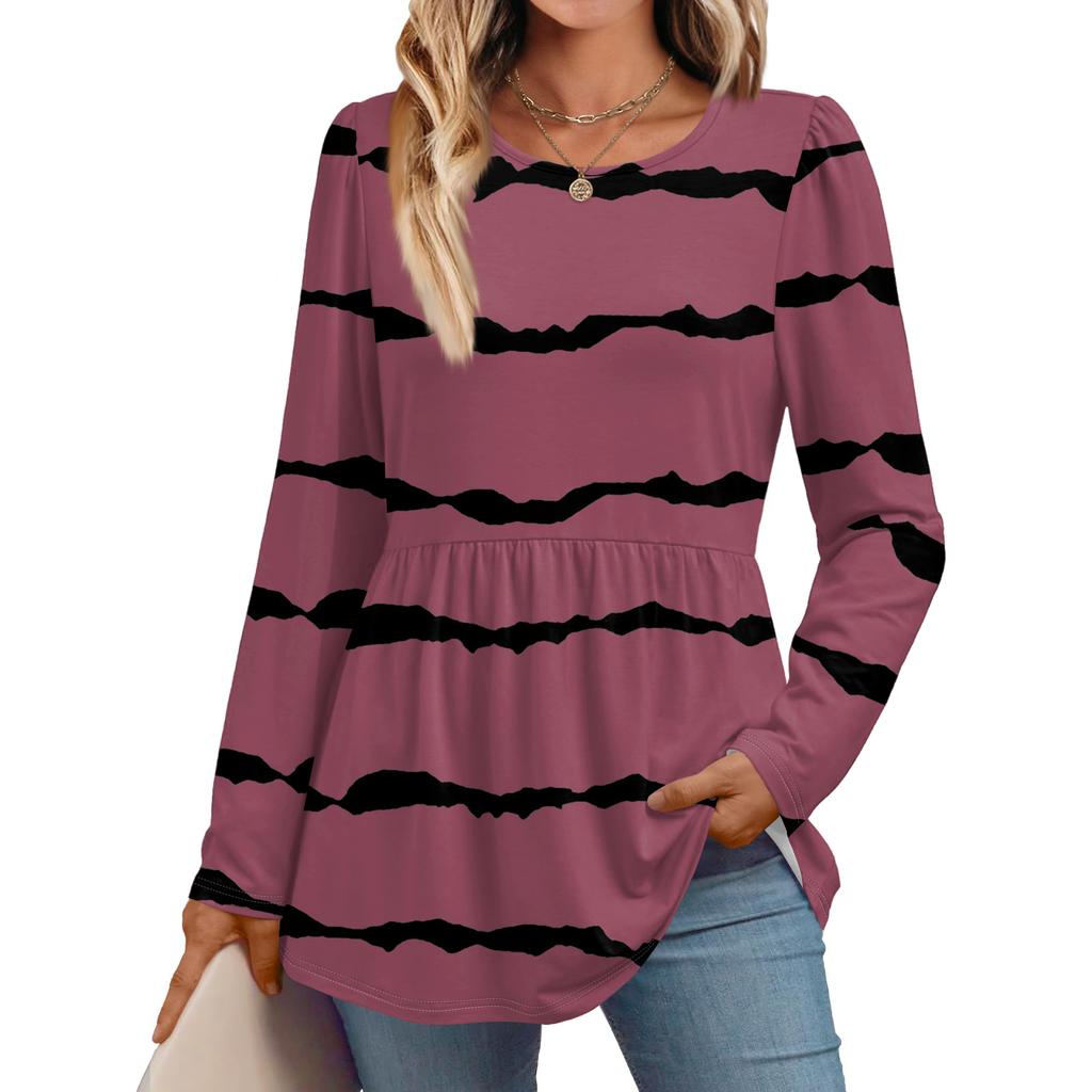 Women's Casual Fashion Long Sleeve Shirt Striped Tunic Top