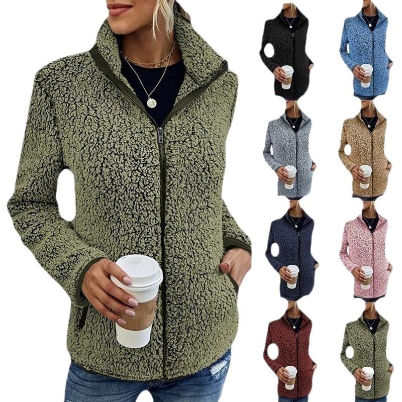 Womens Stand Collar Solid Color Zip-Up Fleece Sweatshirt Loose Fit Long Sleeve Winter Outerwear