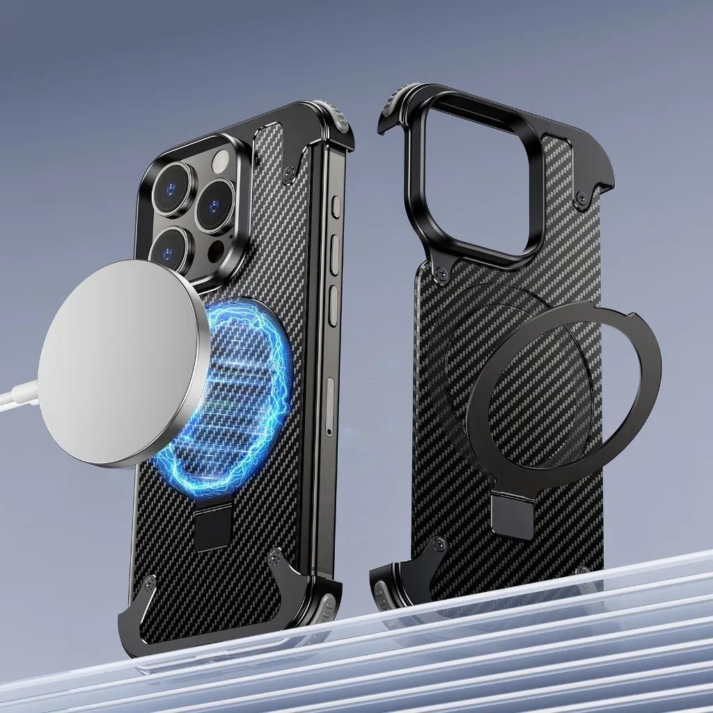 Frameless Case for iPhone 15 Pro 15Plus Compatible Magsafe Magnetic Stand Military-Grade Shockproof Protective Phone Cover