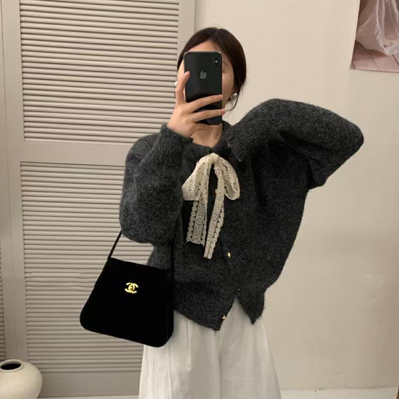 Korean Style Lace-Up Round Neck Sweater Coat - Women's Autumn/Winter Loose-Fit Knitted Cardigan