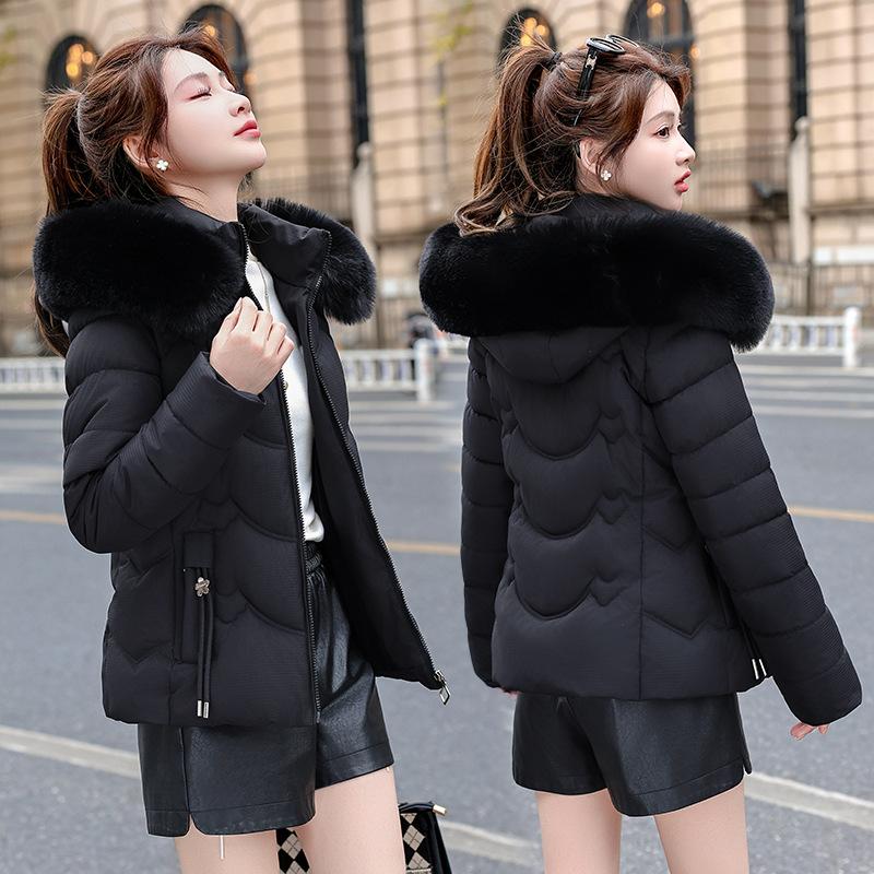 European and American Waist-hugging Cotton Jacket for Women, Short Winter Loose Thickened Large Fur Collar Coat