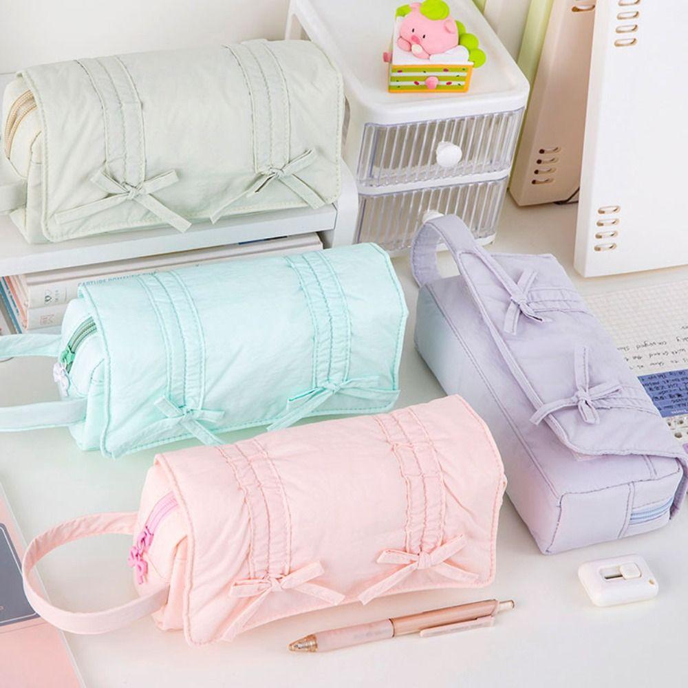 Bow Pencil Pouch Three Layers Stationery Storage Bag Save Space Pencil Case School