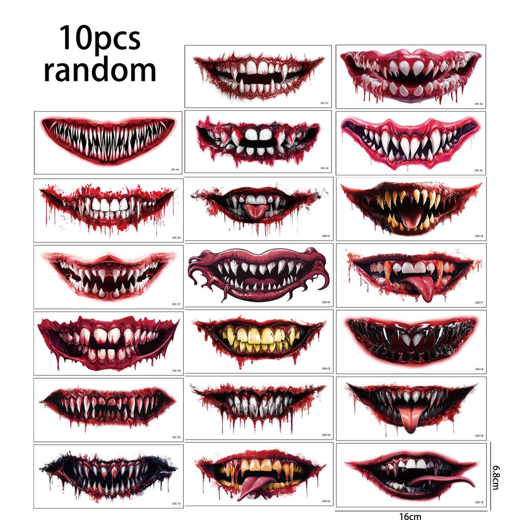 Хэллоуин Ужасы Большой Рот Тату Наклейка Водонепроницаемая Стойкая Реалистичная Ужасы и Смешные Временные Тату Наклейки 1/10 ШТ. Случайные