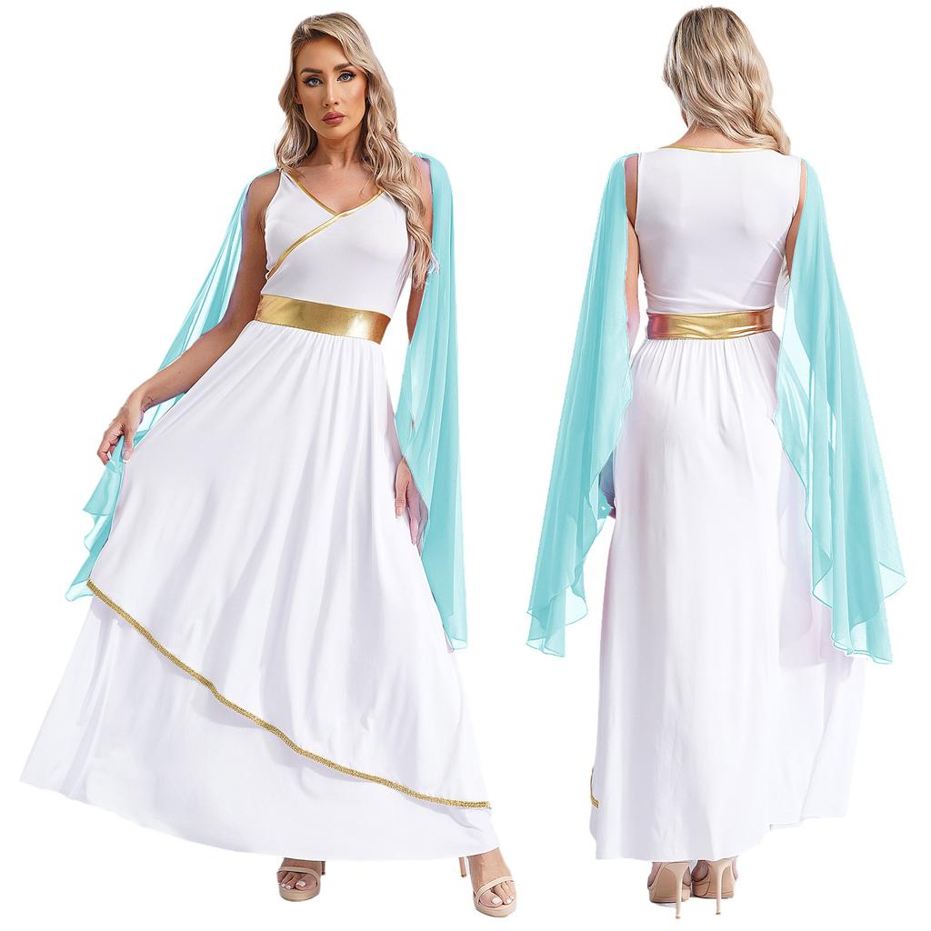 Women's Ancient Greek Roman Queen Costume Halloween Cosplay Gold Trims Toga Dress