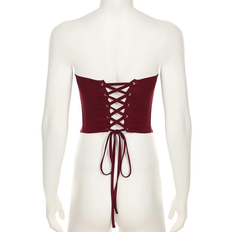 Ретро-комплект для женщин: топ без бретелек со шнуровкой, формирующий талию, и юбка из кожи с вырезами