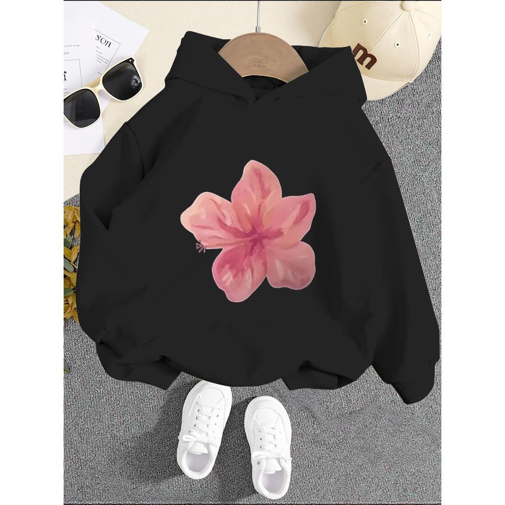 Summer children's round neck hooded loose and comfortable sports fashionable and versatile simple printed long sleeved top