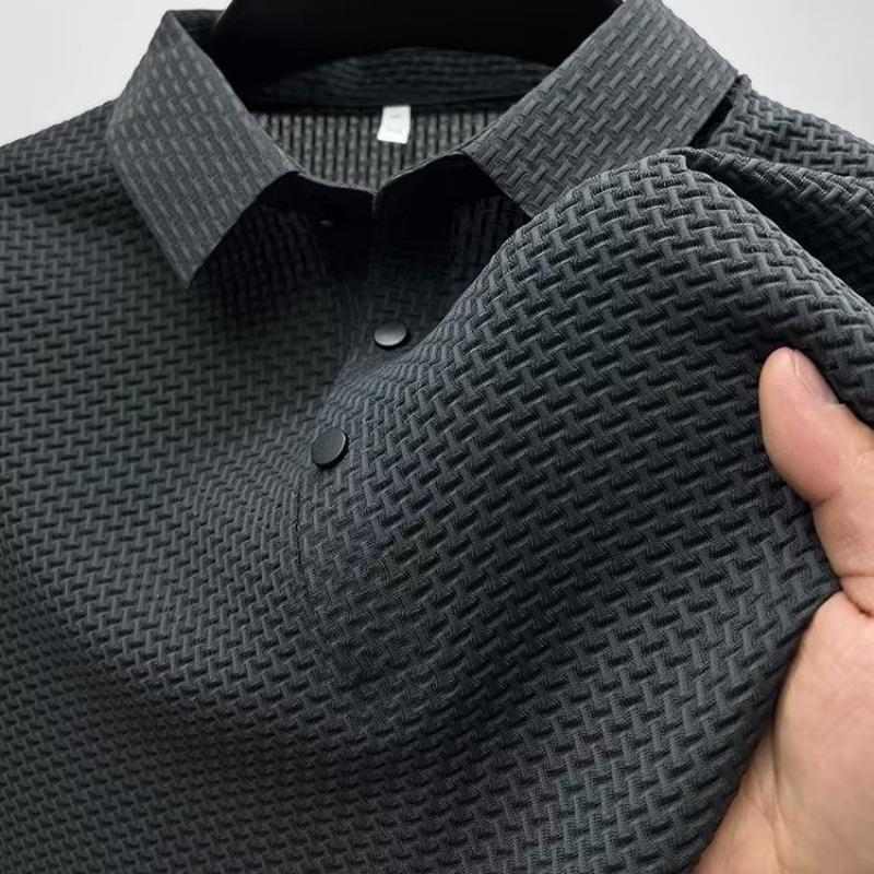 Мужская рубашка-поло: Однотонная модная сетчатая модель Ice Silk с короткими рукавами и воротником-стойкой - коллекция Лето и Осень 2023