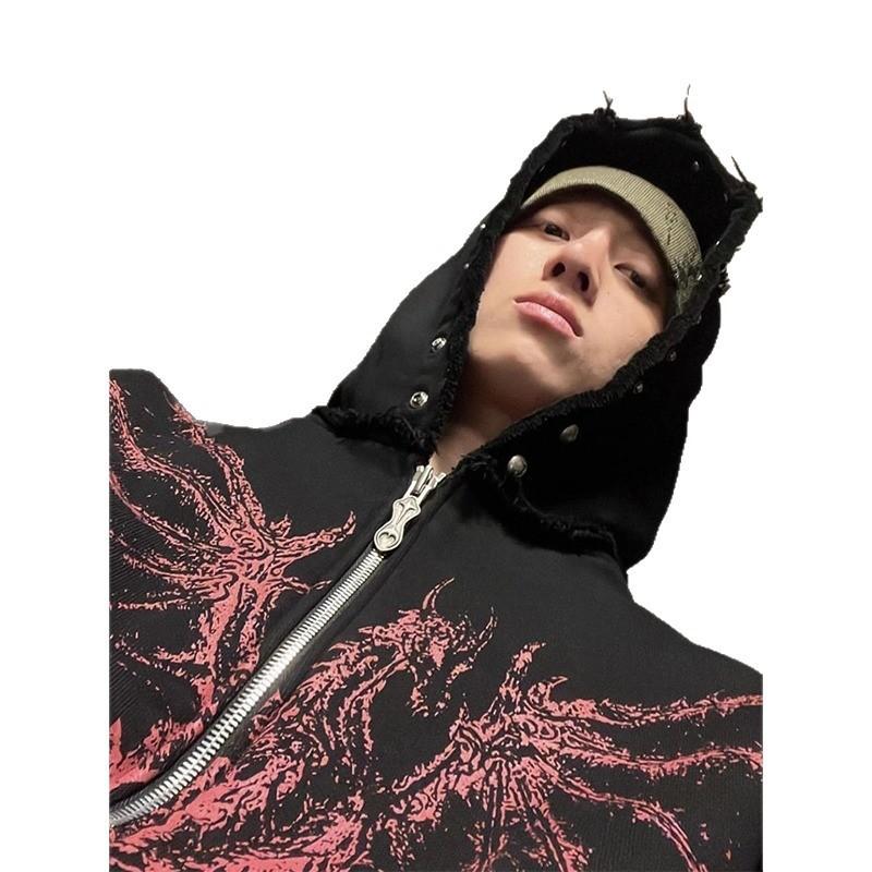 American Style Heavyweight Devil Print Rivet Hoodie Mens Loose Zip Up Sweatshirt Jacket