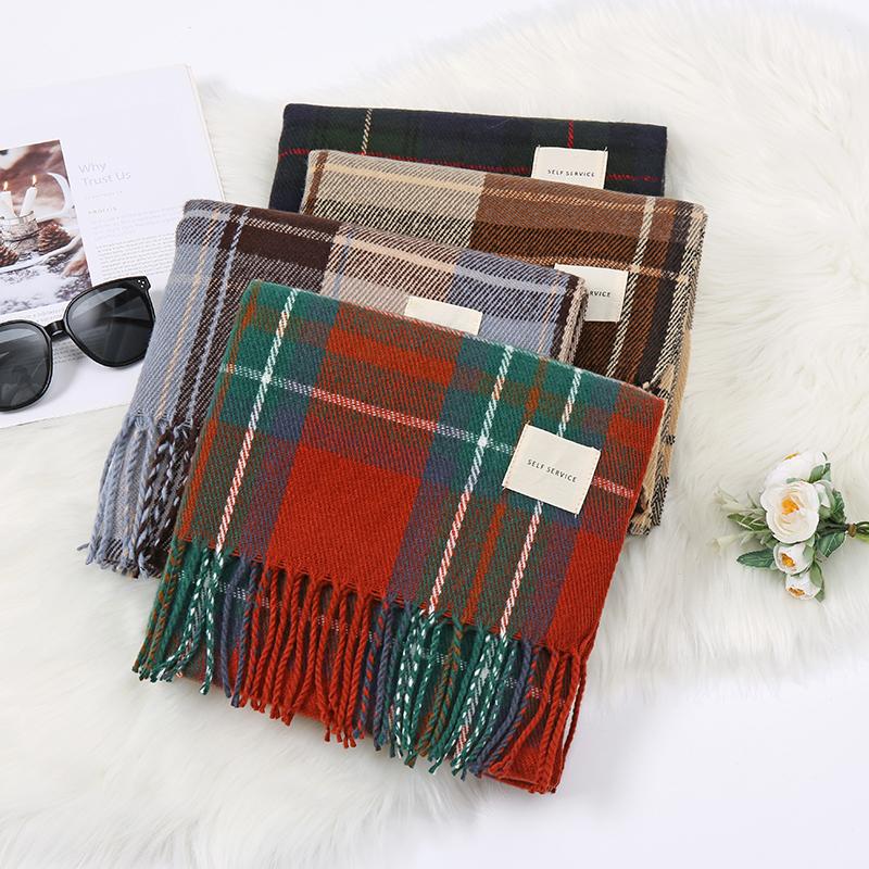 Female's Winter Warm Long Scarf Classic Plaid Tessles Pashmina Shawl Thick and Soft Muffler for Muslim Women Pareos Outdoor