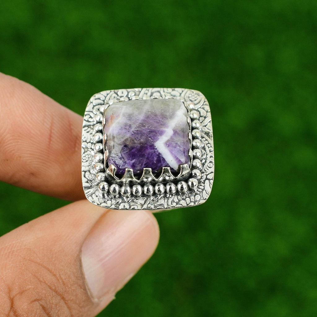 Chevron Amethyst Stone Sterling Silver Birthday Wife Promise Ring Jewelry US 8.5
