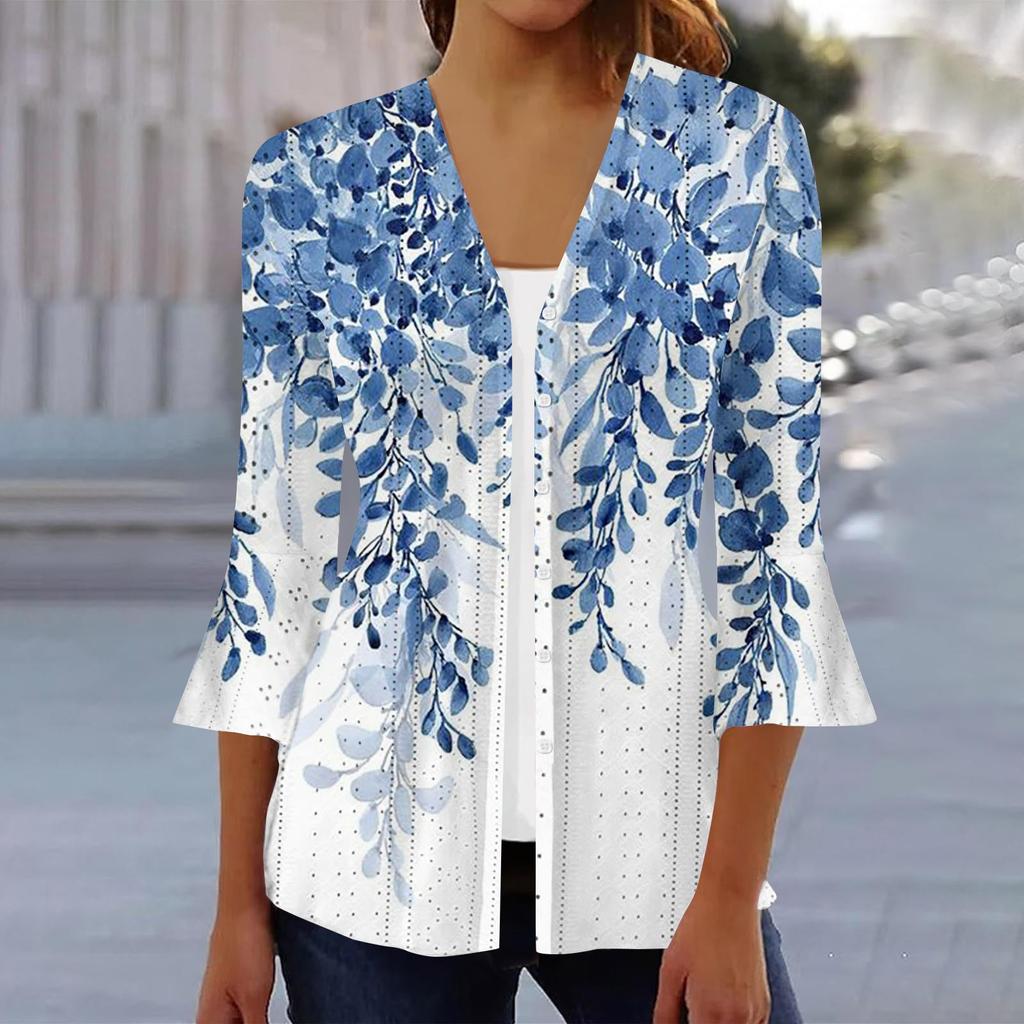 Women's Fashion Loose Casual Printed Three-quarter Sleeve Button Shirt Cardigan Top