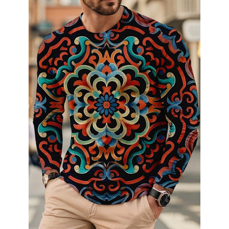 3D Print Luxurious Exquisite T Shirt For Men Colorful Pattern Tees Autumn Fashion Casual Long Sleeves O-Neck Tops Loose T-Shirts