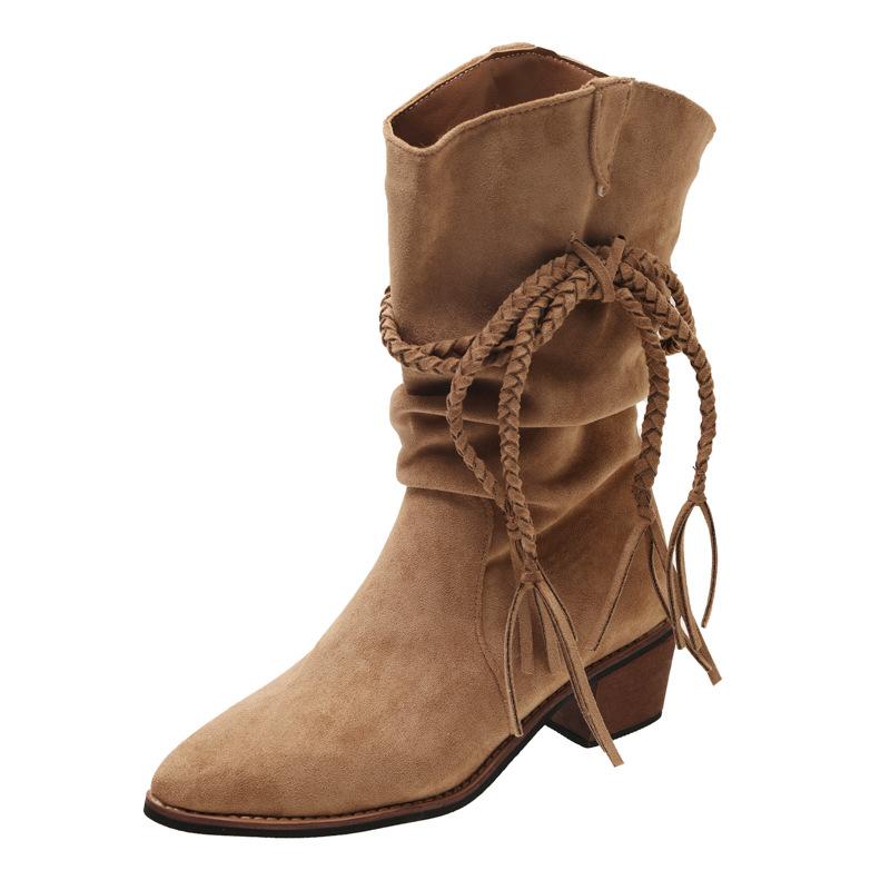 Версия из коровьей кожи~ ботинки на толстой подошве женские винтажные в стиле рыцарских ботинок из натуральной кожи матовые с бахромой из пеньковой веревки на толстом каблуке ботильоны