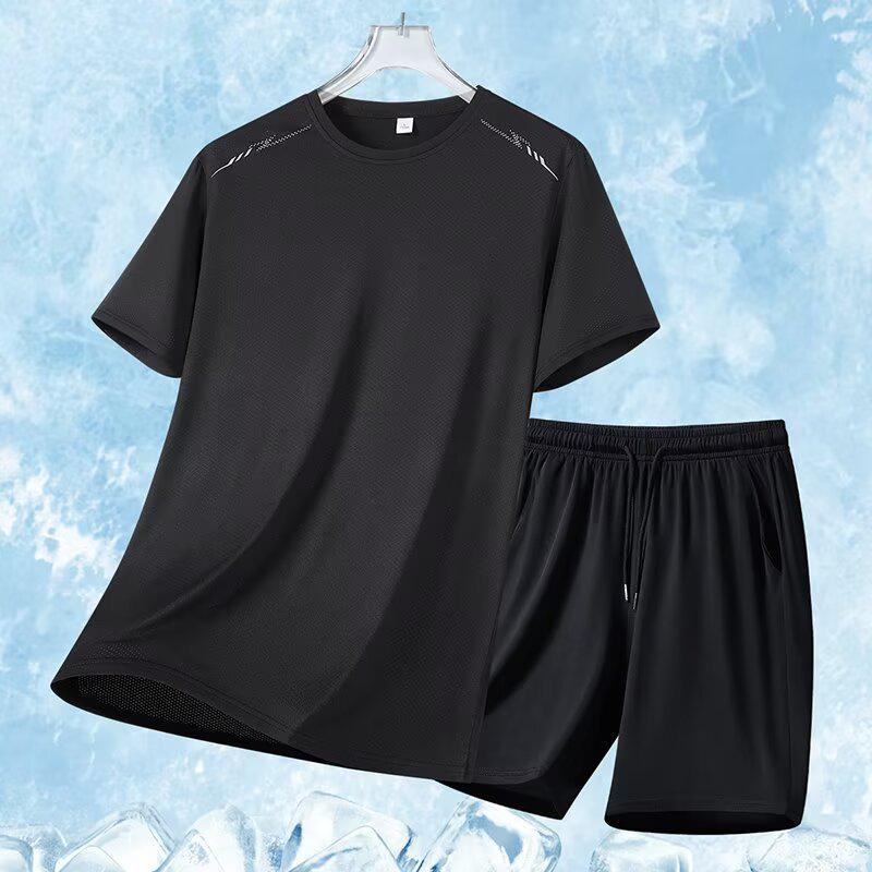 2025 Men's Plus Size Quick-Dry Fitness Running Set - Breathable Ice Silk Short Sleeves for Summer