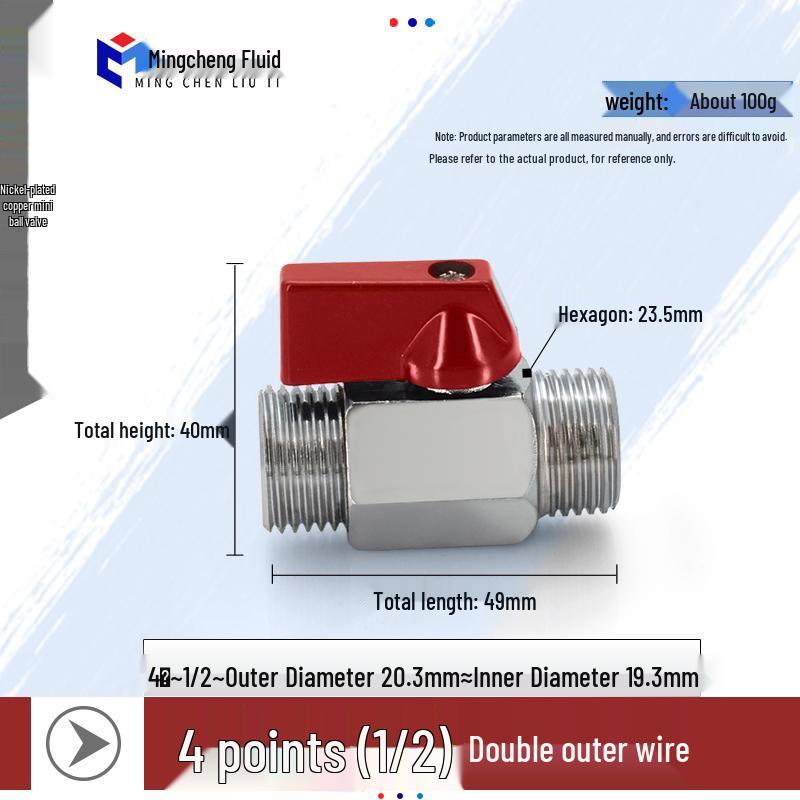 Compact Ball Valve with Double Male/Female Thread, Sizes 1/4", 3/8", 1/2", Pneumatic Polished Electroplated Switch Valve Accessory.