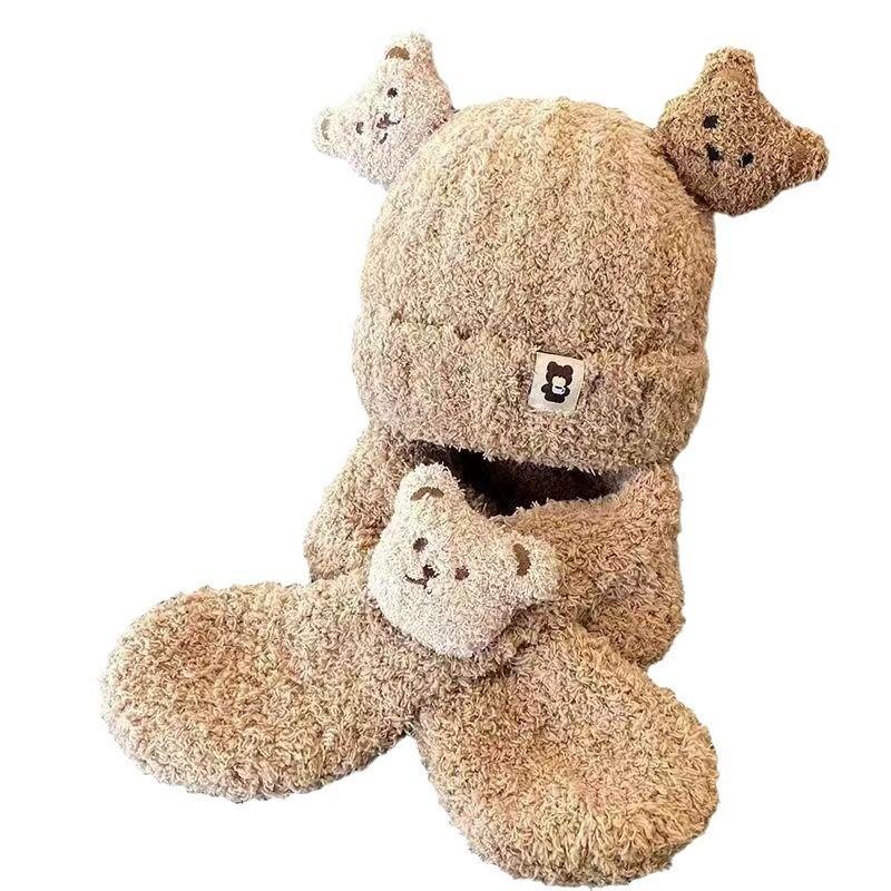 Baby Autumn and Winter Warm Hat Plush Scarf Two-piece Set Cute Teddy Bear Thick Male and Female Baby Yarn Hat