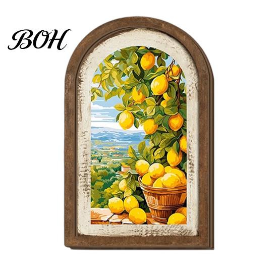 Floral Wall Art Decor Lemon Arched Decor, Pastoral Flowers Wooden Sign, Nordic Teak Wood Style Decoration for Home Kitchen Bedroom Living Room