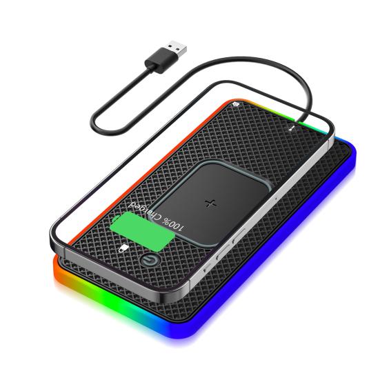 20 Вт Быстрая Беспроводная Зарядка для Телефона Автомобильная Зарядная Панель с Нескользящим Основанием 8 Цветов Подсветки Универсальный Коврик для Беспроводной Зарядки Телефона