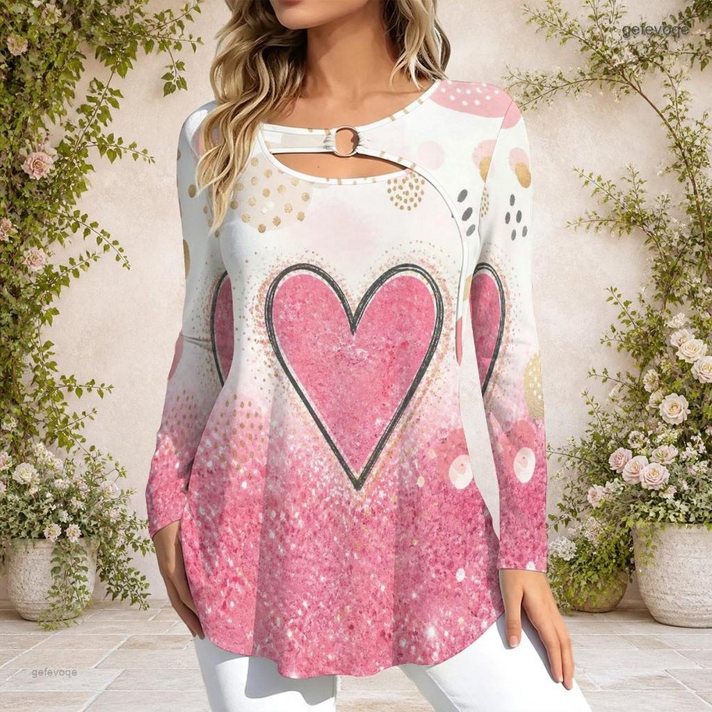 Women Plus Size Long Sleeve Top Metal Ring Neck Design Loose Casual Daily Basic T Shirt