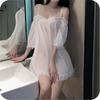 On the Sexy Pajamas Lingerie Babydoll Cosplay Mini Skirt Loungewear Camisole Dress Gown Bra Set for Women [Thoughts Wind] T-back (White)