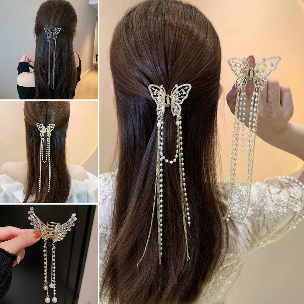 Rhinestone Elegant Simple Butterfly Hairpin Hair Claw Pearl Tassel Hair Clip Hair Accessories