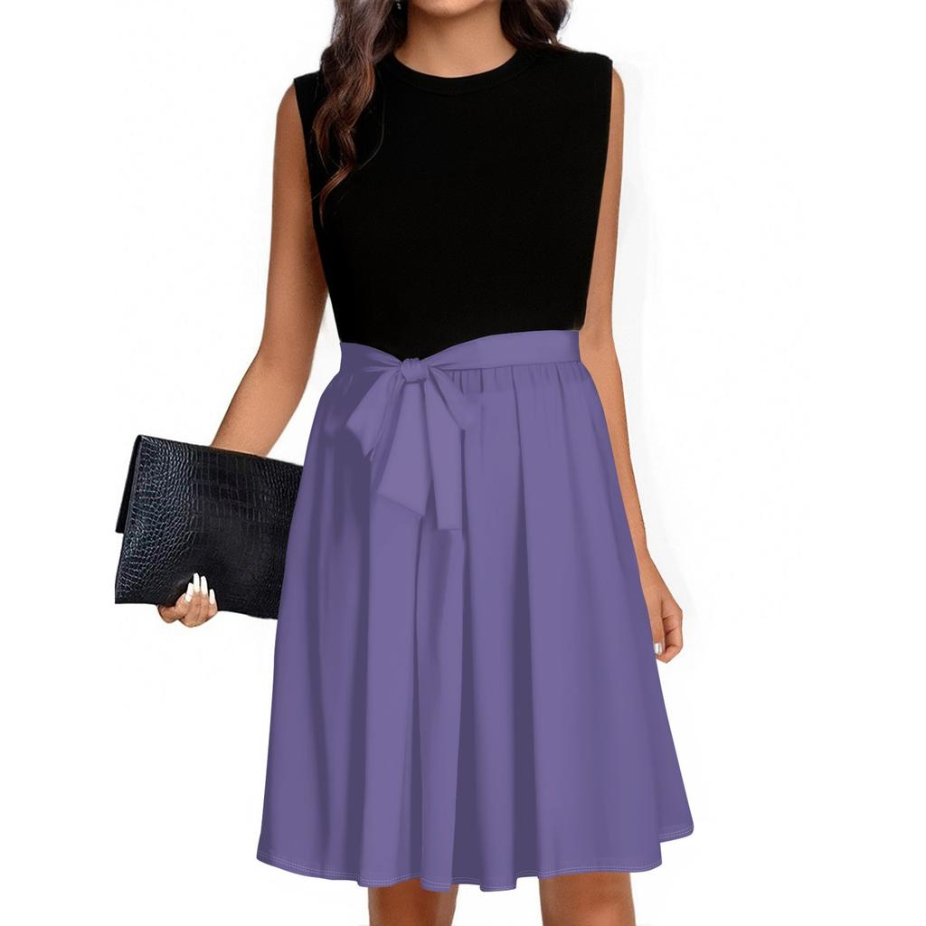 Women's Fashion Casual Lace-up Sleeveless Round Neck Splicing Short Dress