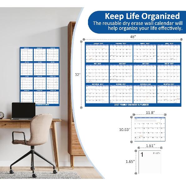 32"x48" 2026 Wall Calendar, AWANKOU Wet & Dry Erasable 1 Page Poster Calendar - Large Laminated 12 Month Annual Yearly Calendar for