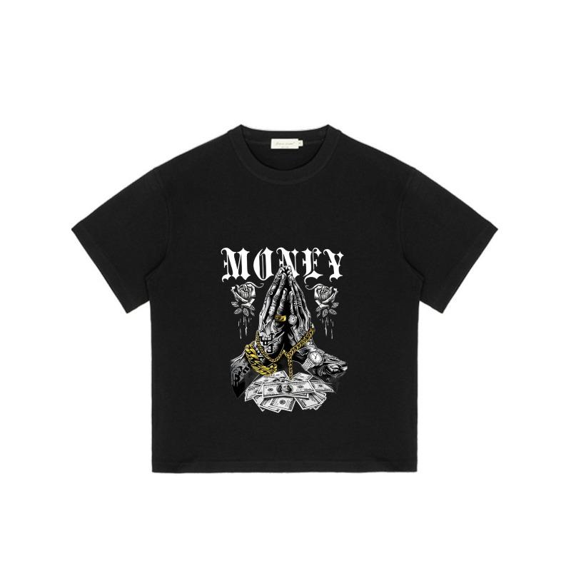 Black T-Shirt Money Praying Hands with Gold Chain and Dollar Bills Graphic for Streetwear Fashion