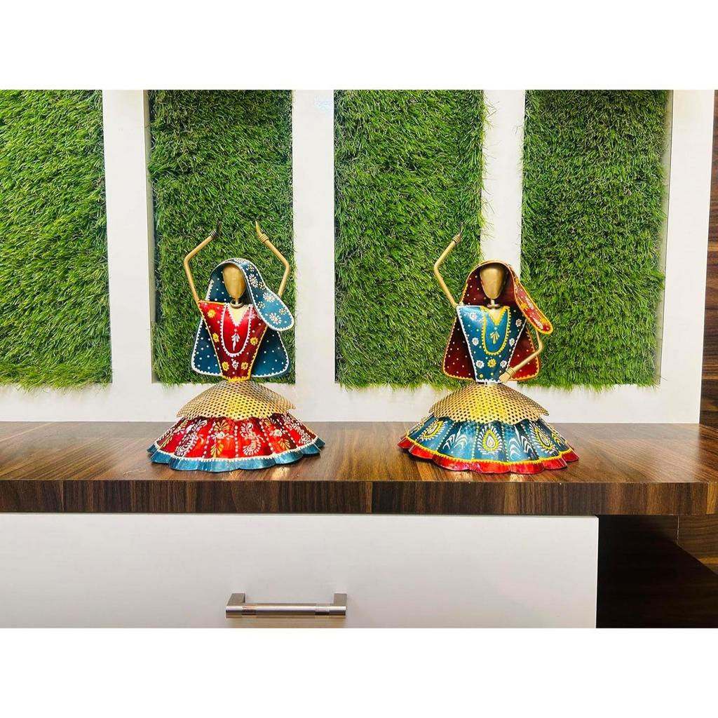 Set of 2 Metal Multicolor Rajasthani Decorative Lady Musician , Table Items for Home,Antique Gift Items, Tv Unit Showpiece (Each Size 9x10 Inch)