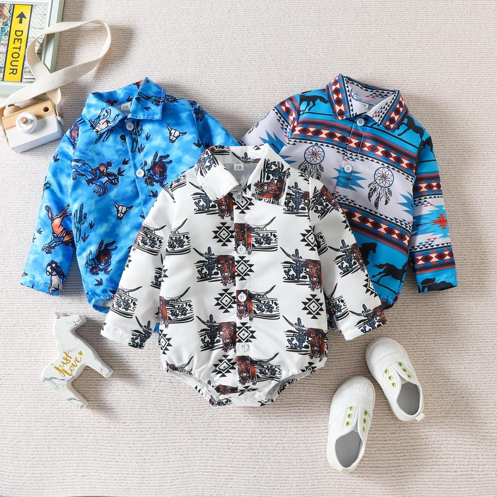 Baby Boys Spring Autumn Casual Romper 3M 6M 12M 18M 24M Long Sleeve Lapel Cattle/Horse Print Button Romper