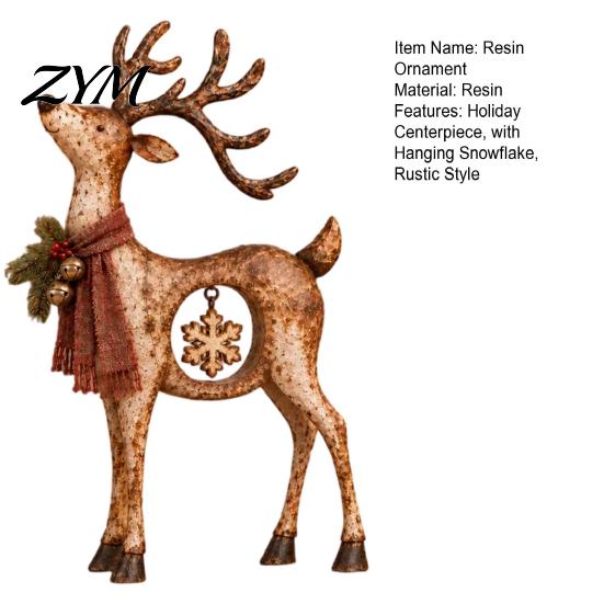 Farmhouse Christmas Home Decorations Rustic Reindeer Figurine, Resin Statue with Hanging Snowflake, Red Country Tabletop Centerpieces Scarf And Bell,