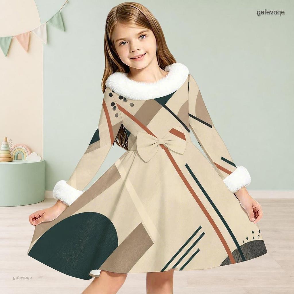 Girls Cream Printed Dress Furry Collar Long Sleeve Bow Waist A Line Flared Hem