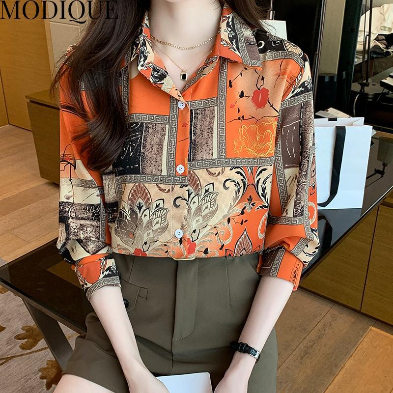 MODIQUE весна лето большие размеры женские свободные элегантные хлопковые шелковые блузки с цветочным принтом рубашки женские модные пальто оверсайз с v-образным вырезом и длинными рукавами