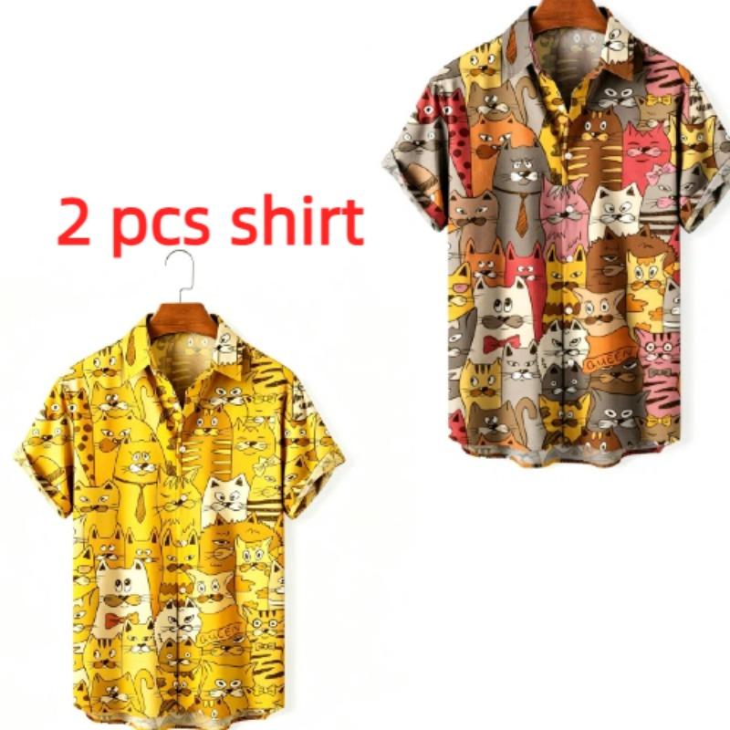 Summer Fashion Anime Cartoon Animal Cat Printing Shirt Hawaiian Beach Vacation Clothing Men's Street Style Shirt Daily Men's and Women's Shirt