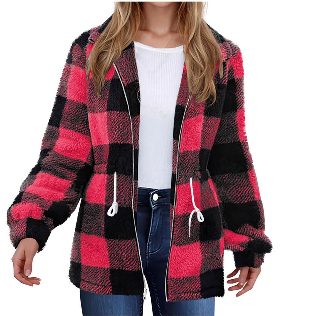 Женская модная повседневная куртка осень-зима с длинными рукавами и лацканами в клетку на молнии из плюша