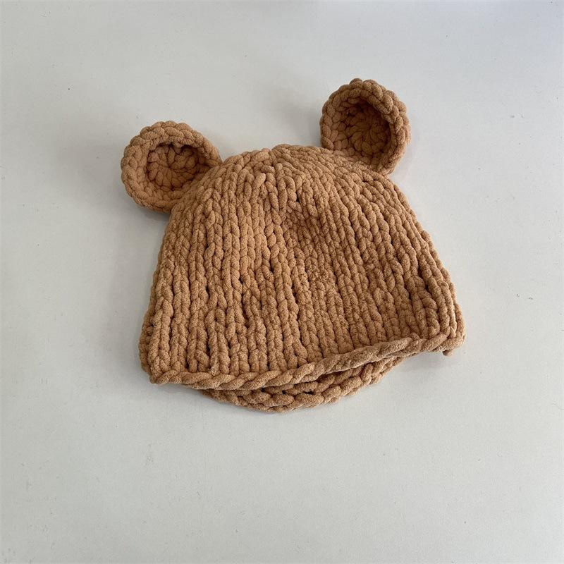 Bear Ears Thick Wool Hat Women's Autumn and Winter Thickened Warm Hand-knitted Woven Big Head Circumference Pullover Hat