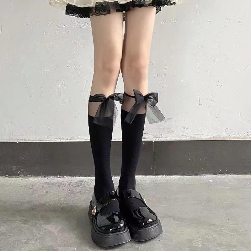 Белые кружевные чулки Jk с пэчворком средней длины, детские весенне-летние тонкие белые чулки с бантом, носки Лолита для теленка