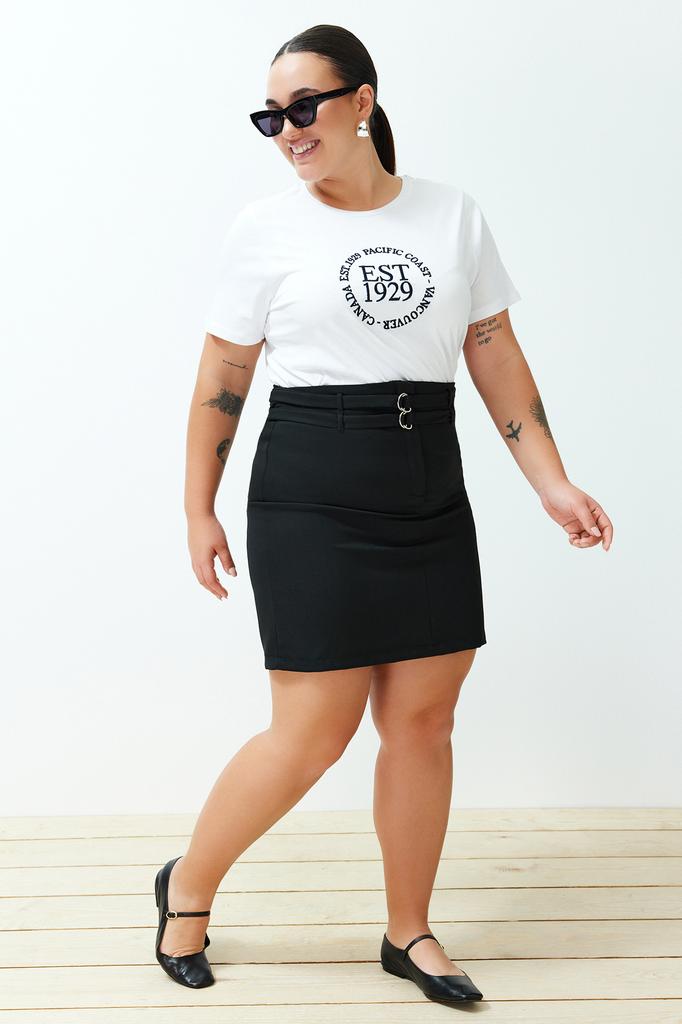 Women's Fashion New Plus Big Size Skirt Black High Waist Double Belt Detailed Woven Skirt