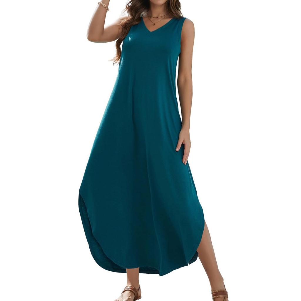 Women's 2024 Summer Casual Loose Sundress Long Dress Solid Color Sleeveless V Neck Split Tshirt Maxi Dresses