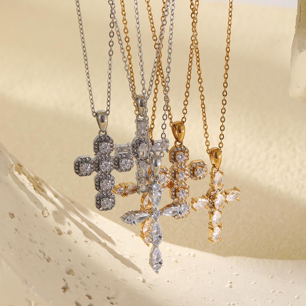 European and American Retro Pendant Stainless Steel Plated with 18K Gold Water Droplets Light Luxury Zircon Cross Necklace