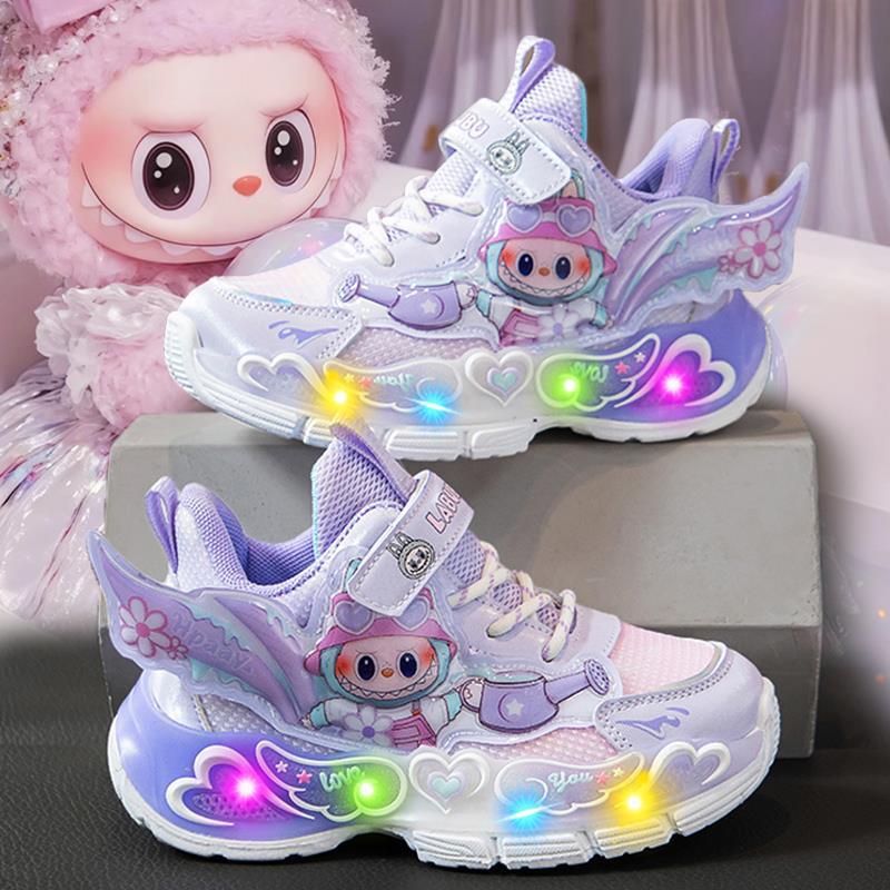 Labubu girls' sports shoes new autumn children's princess dad shoes with lights, breathable mesh shoes for girls