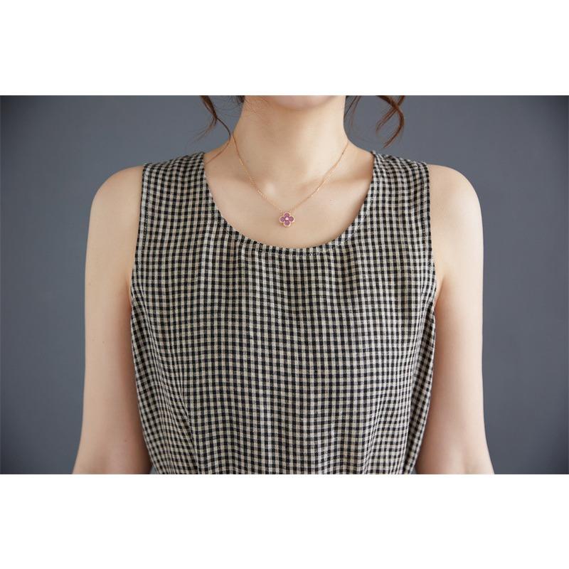 Vintage Plaid Tank Dress Crew Neck Sleeveless Base Dress Women's Long Summer Dress